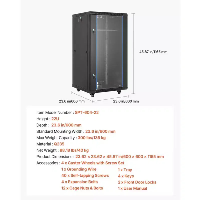 VEVOR 22U Network Cabinet Wall Mount, 23.6 in Depth, 300 lbs Max Load Capacity Server Cabinet Rack Enclosure with Locking Tempered Glass Door, Black