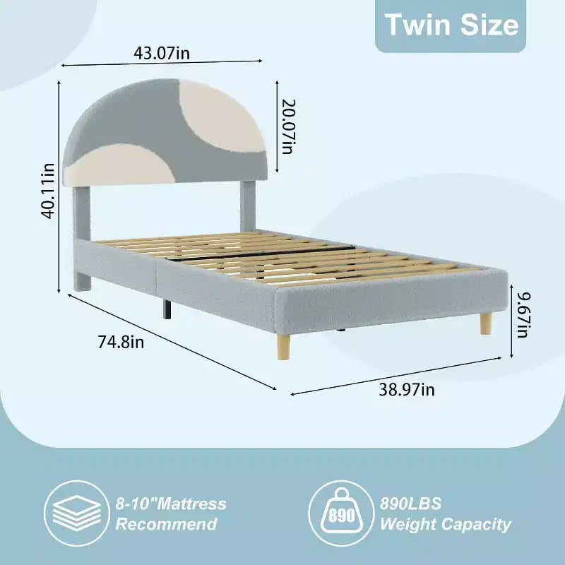 Bed Frame with Round Boucle Headboard - Soft Blue & White Upholstered Arch Design, Kids Wooden Slats Bed,Easy Assembly