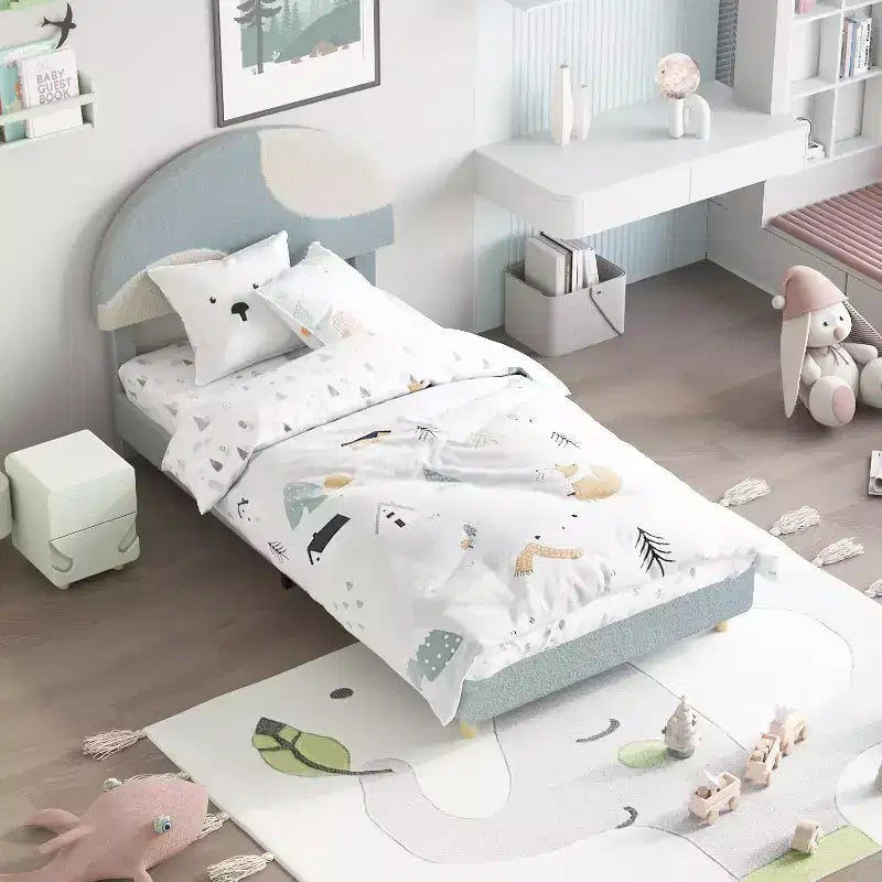 Bed Frame with Round Boucle Headboard - Soft Blue & White Upholstered Arch Design, Kids Wooden Slats Bed,Easy Assembly