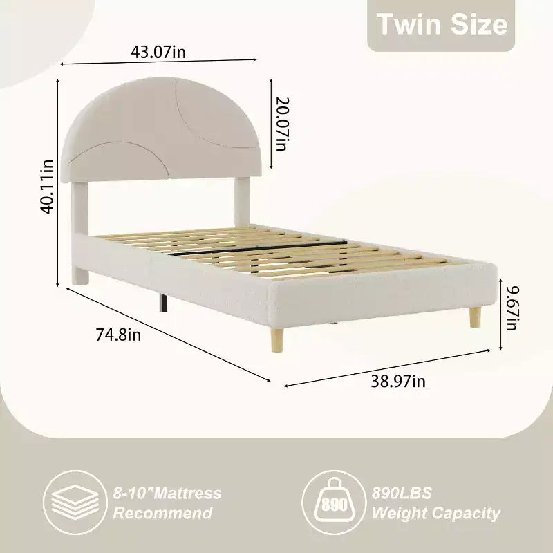 Bed Frame with Round Boucle Headboard - Soft Blue & White Upholstered Arch Design, Kids Wooden Slats Bed,Easy Assembly