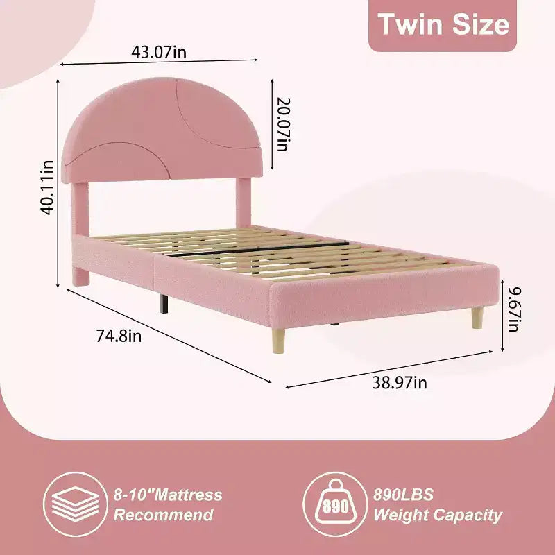 Bed Frame with Round Boucle Headboard - Soft Blue & White Upholstered Arch Design, Kids Wooden Slats Bed,Easy Assembly