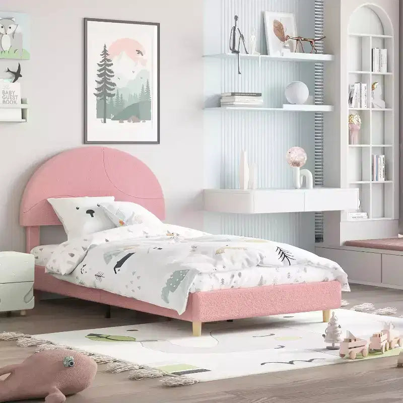Bed Frame with Round Boucle Headboard - Soft Blue & White Upholstered Arch Design, Kids Wooden Slats Bed,Easy Assembly