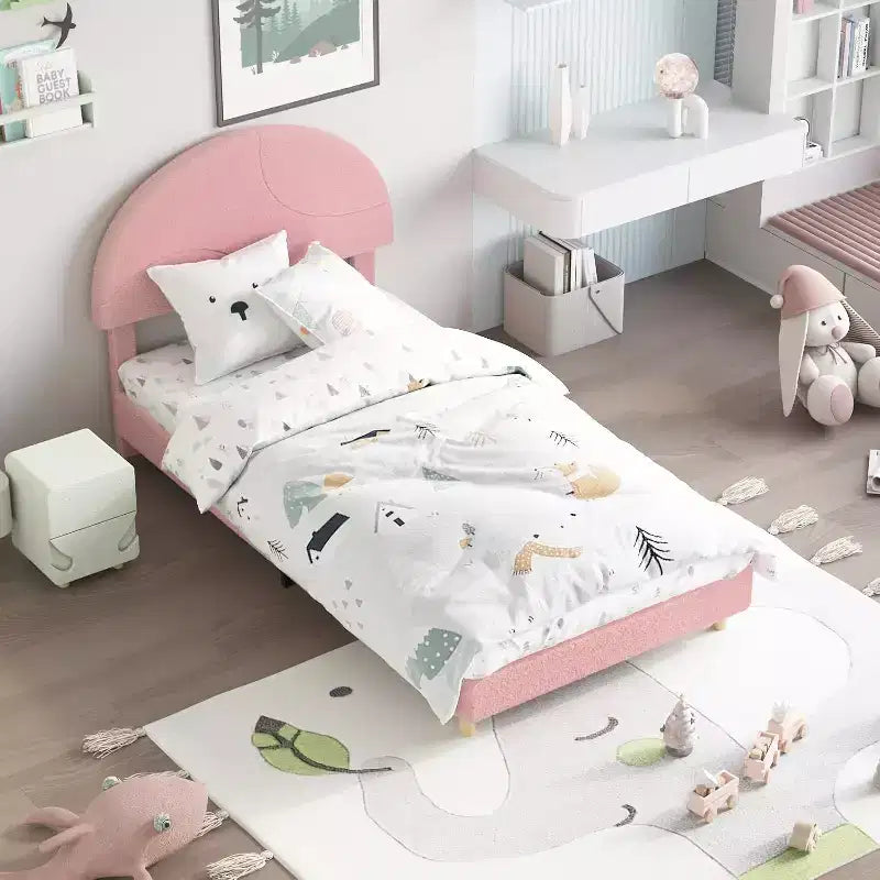 Bed Frame with Round Boucle Headboard - Soft Blue & White Upholstered Arch Design, Kids Wooden Slats Bed,Easy Assembly