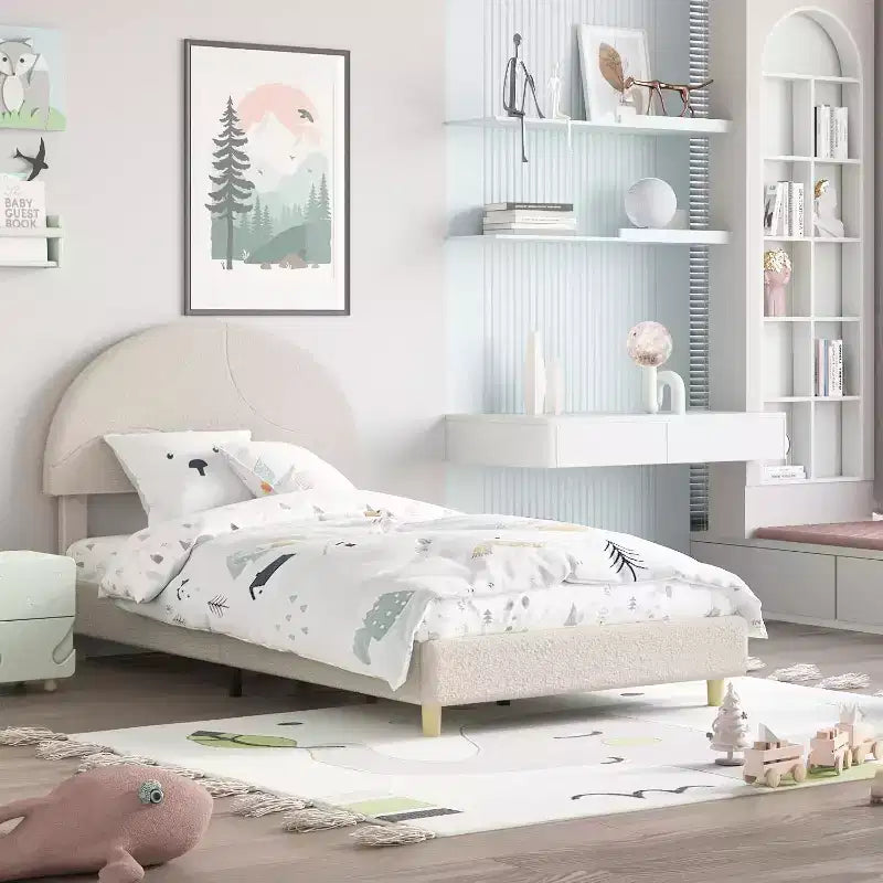 Bed Frame with Round Boucle Headboard - Soft Blue & White Upholstered Arch Design, Kids Wooden Slats Bed,Easy Assembly