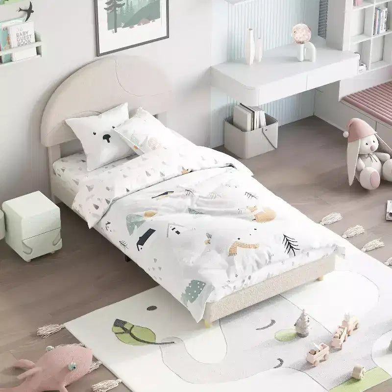 Bed Frame with Round Boucle Headboard - Soft Blue & White Upholstered Arch Design, Kids Wooden Slats Bed,Easy Assembly