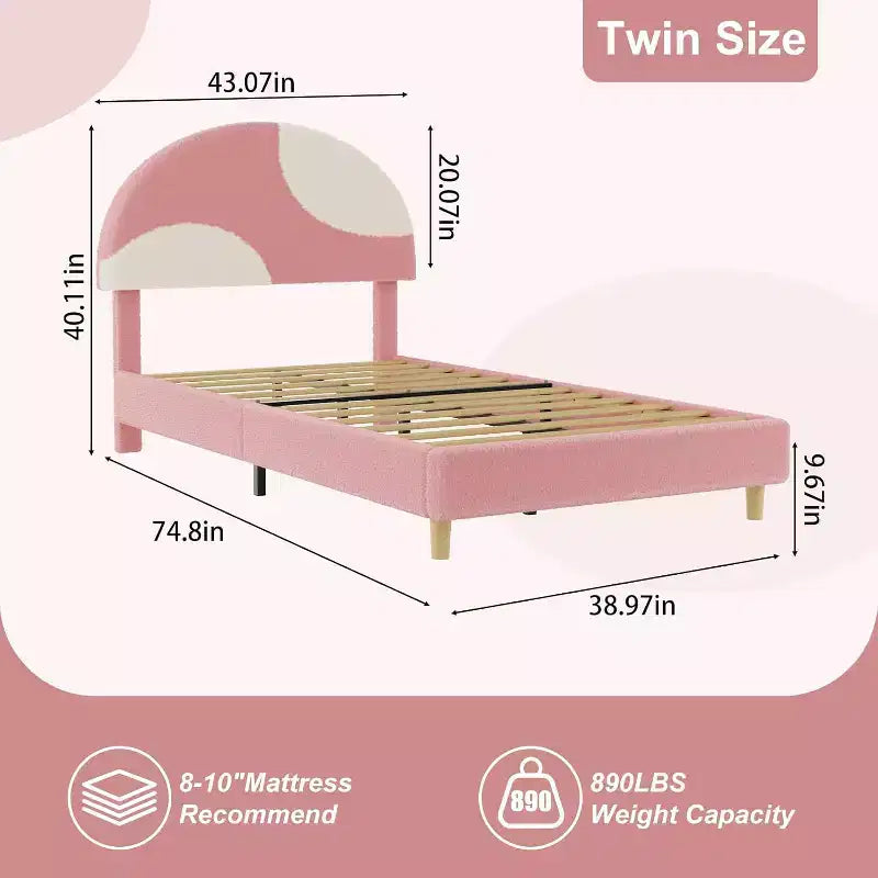 Bed Frame with Round Boucle Headboard - Soft Blue & White Upholstered Arch Design, Kids Wooden Slats Bed,Easy Assembly