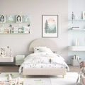 Bed Frame with Round Boucle Headboard - Soft Blue & White Upholstered Arch Design, Kids Wooden Slats Bed,Easy Assembly