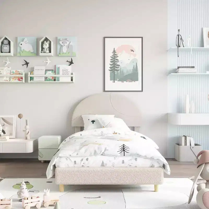 Bed Frame with Round Boucle Headboard - Soft Blue & White Upholstered Arch Design, Kids Wooden Slats Bed,Easy Assembly