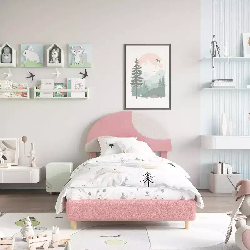 Bed Frame with Round Boucle Headboard - Soft Blue & White Upholstered Arch Design, Kids Wooden Slats Bed,Easy Assembly