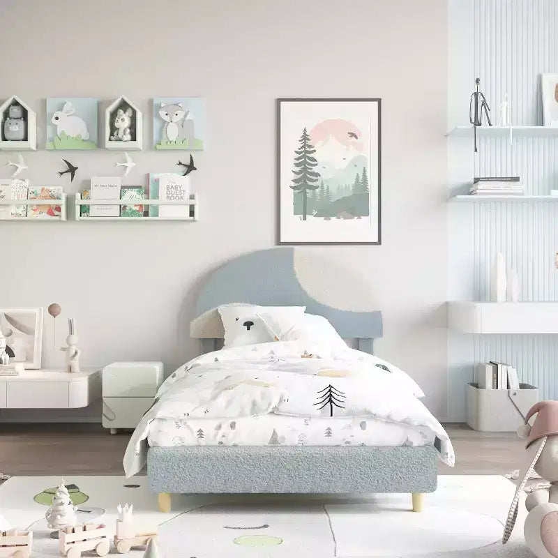 Bed Frame with Round Boucle Headboard - Soft Blue & White Upholstered Arch Design, Kids Wooden Slats Bed,Easy Assembly