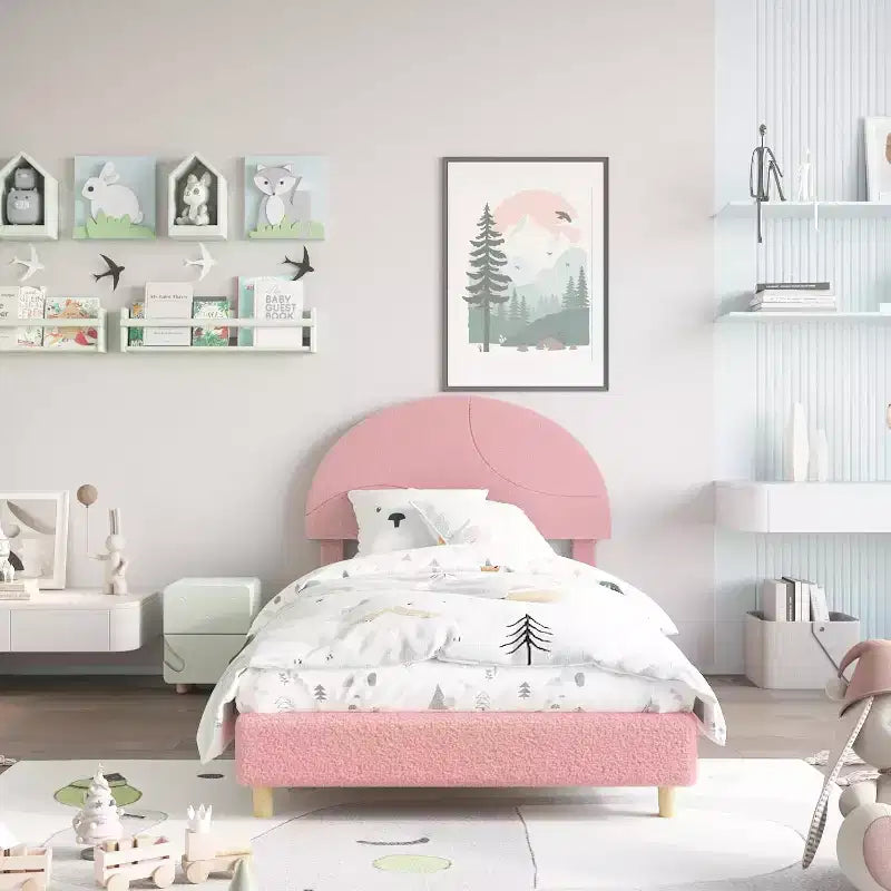 Bed Frame with Round Boucle Headboard - Soft Blue & White Upholstered Arch Design, Kids Wooden Slats Bed,Easy Assembly