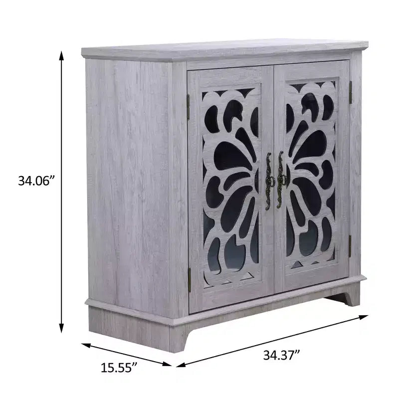 Okak Stylish Butterfly Mirrored Doors Storage Cabinet with Adjustable Shelves,Hollow-Carved Sideboard Accent Cabinet for Living Room,Hallway