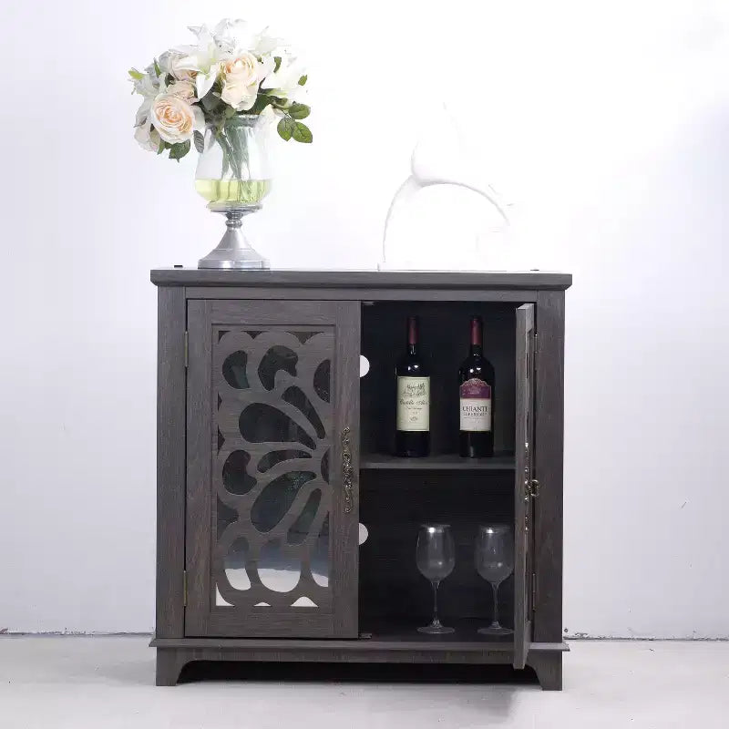 Okak Stylish Butterfly Mirrored Doors Storage Cabinet with Adjustable Shelves,Hollow-Carved Sideboard Accent Cabinet for Living Room,Hallway