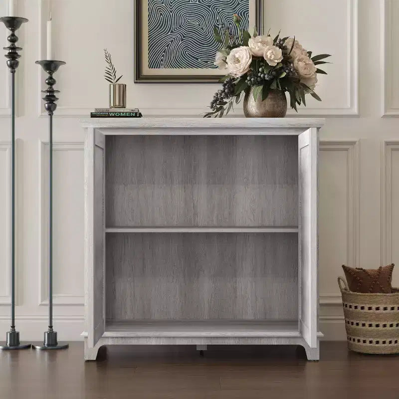 Okak Stylish Butterfly Mirrored Doors Storage Cabinet with Adjustable Shelves,Hollow-Carved Sideboard Accent Cabinet for Living Room,Hallway
