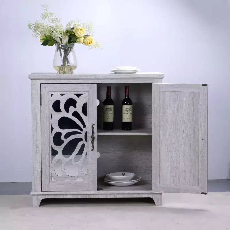 Okak Stylish Butterfly Mirrored Doors Storage Cabinet with Adjustable Shelves,Hollow-Carved Sideboard Accent Cabinet for Living Room,Hallway