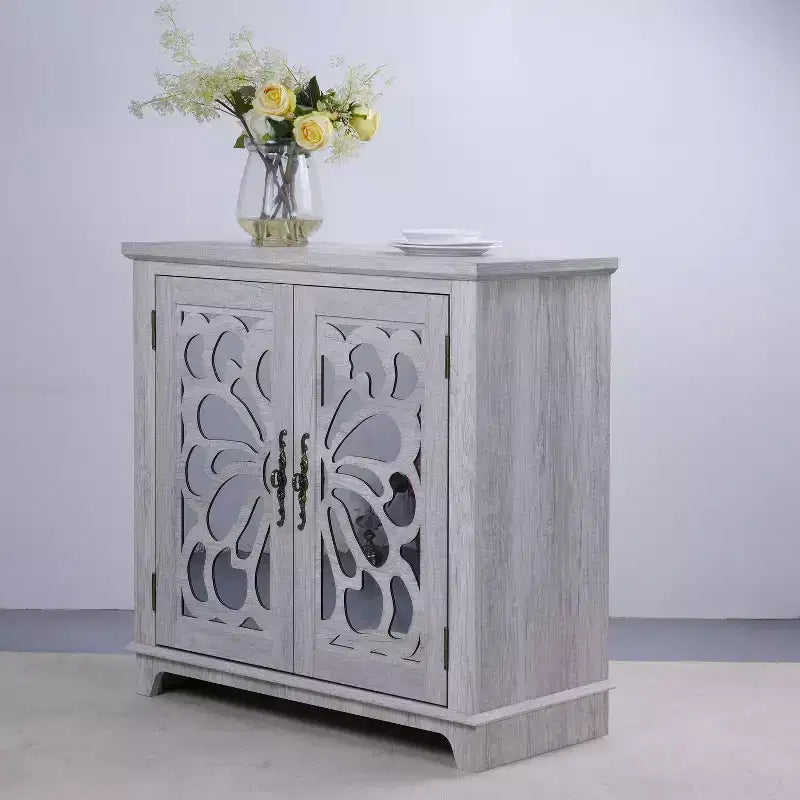 Okak Stylish Butterfly Mirrored Doors Storage Cabinet with Adjustable Shelves,Hollow-Carved Sideboard Accent Cabinet for Living Room,Hallway