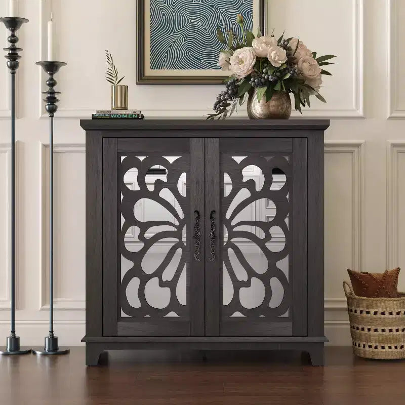 Okak Stylish Butterfly Mirrored Doors Storage Cabinet with Adjustable Shelves,Hollow-Carved Sideboard Accent Cabinet for Living Room,Hallway