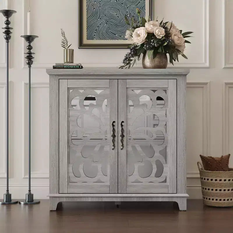 Okak Stylish Butterfly Mirrored Doors Storage Cabinet with Adjustable Shelves,Hollow-Carved Sideboard Accent Cabinet for Living Room,Hallway