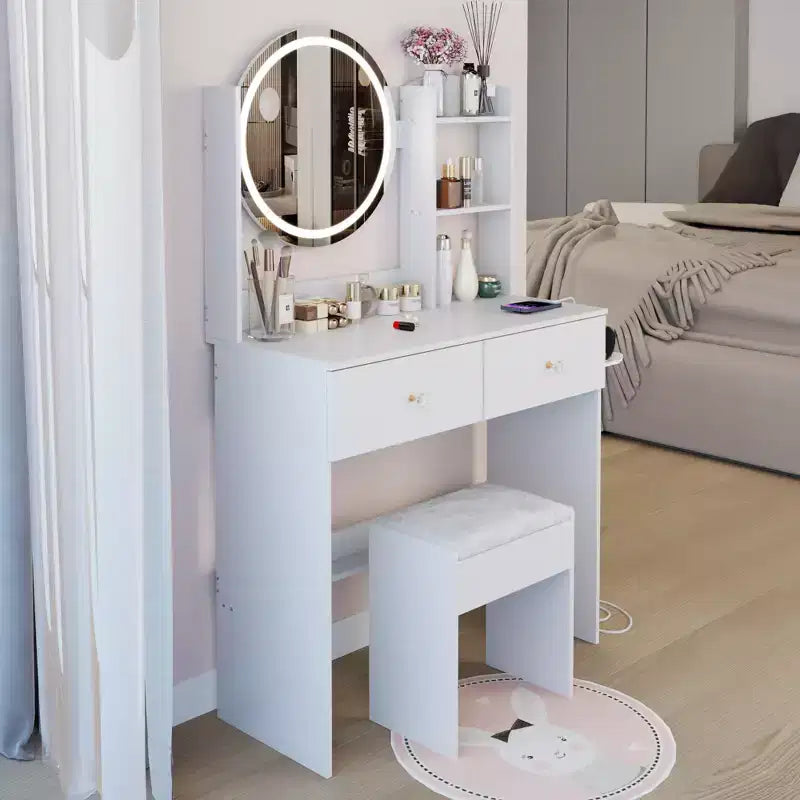 Round LED mirror dressing table cushioned stool, equipped large mirror, touch switch, 3 colors, adjustable brightness, large desktop White
