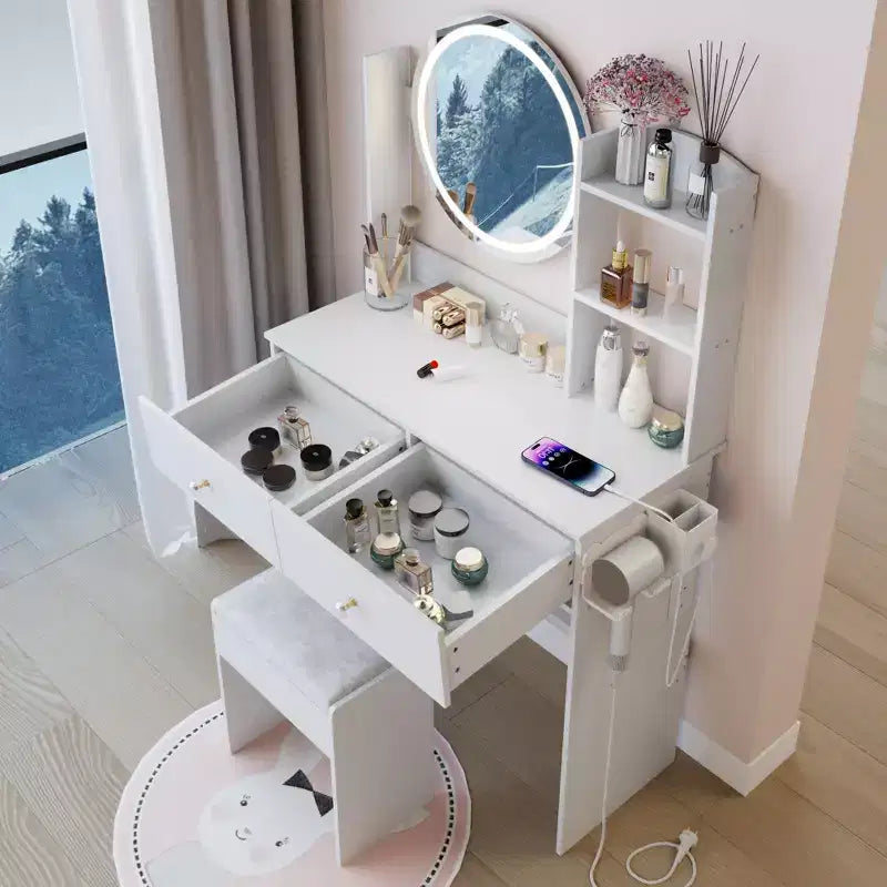 Round LED mirror dressing table cushioned stool, equipped large mirror, touch switch, 3 colors, adjustable brightness, large desktop White