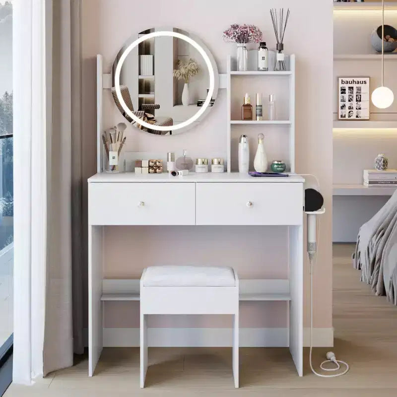 Round LED mirror dressing table cushioned stool, equipped large mirror, touch switch, 3 colors, adjustable brightness, large desktop White