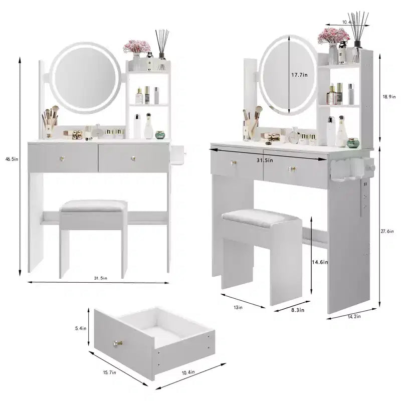 Round LED mirror dressing table cushioned stool, equipped large mirror, touch switch, 3 colors, adjustable brightness, large desktop White