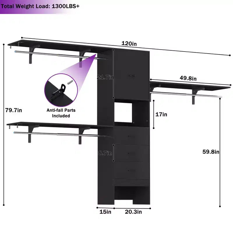 Besiost 20-120 W Wooden Closet System with Doors and Drawers