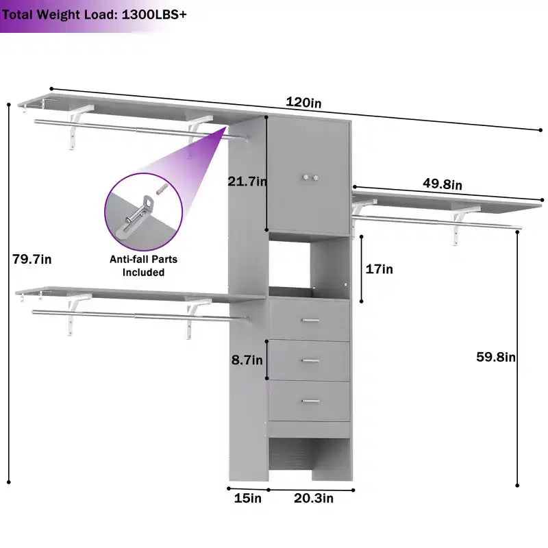 Besiost 20-120 W Wooden Closet System with Doors and Drawers