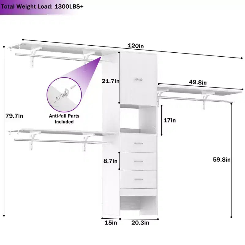 Besiost 20-120 W Wooden Closet System with Doors and Drawers