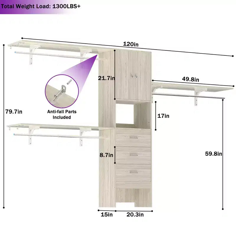 Besiost 20-120 W Wooden Closet System with Doors and Drawers