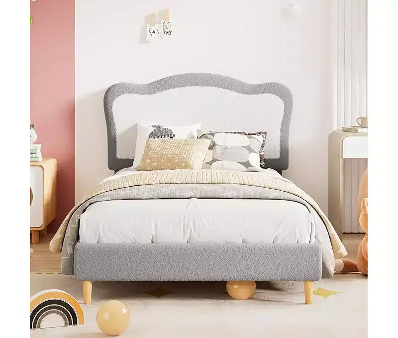 Half-Circle Color-Block Children's Bed Frame, Cute Lamb Plush Bed Suitable for Girls and Boys, Platform Bed with No Bed Box, Wooden Bed Slats