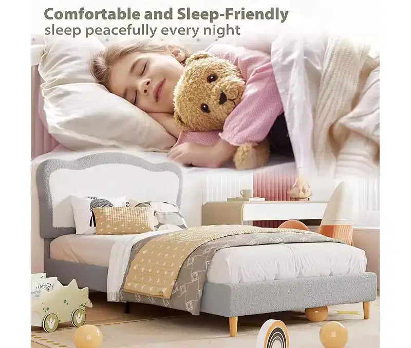 Half-Circle Color-Block Children's Bed Frame, Cute Lamb Plush Bed Suitable for Girls and Boys, Platform Bed with No Bed Box, Wooden Bed Slats