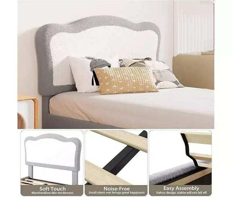 Half-Circle Color-Block Children's Bed Frame, Cute Lamb Plush Bed Suitable for Girls and Boys, Platform Bed with No Bed Box, Wooden Bed Slats