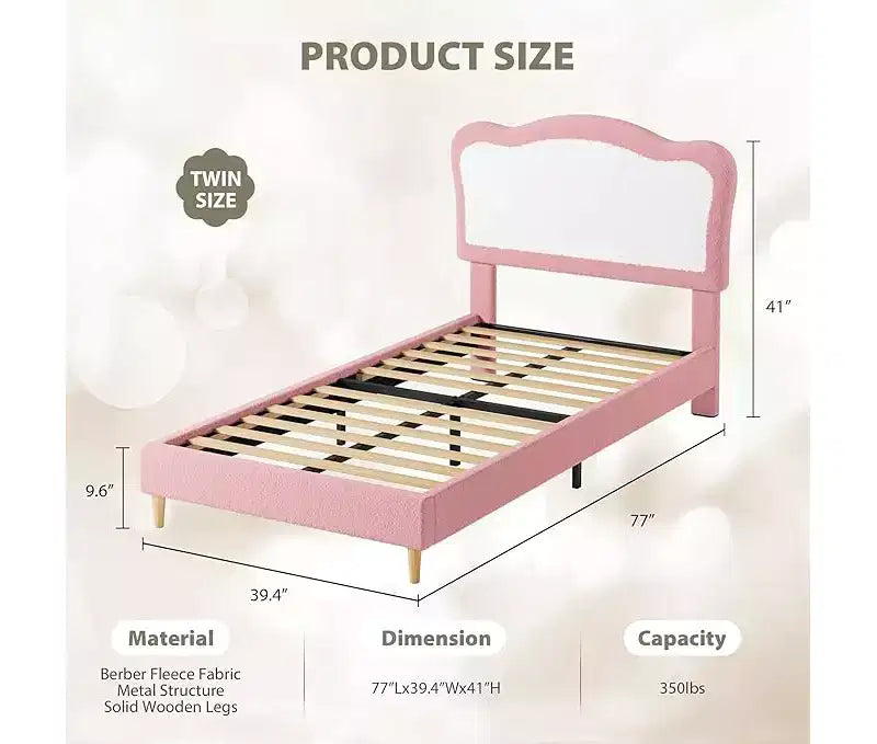 Half-Circle Color-Block Children's Bed Frame, Cute Lamb Plush Bed Suitable for Girls and Boys, Platform Bed with No Bed Box, Wooden Bed Slats