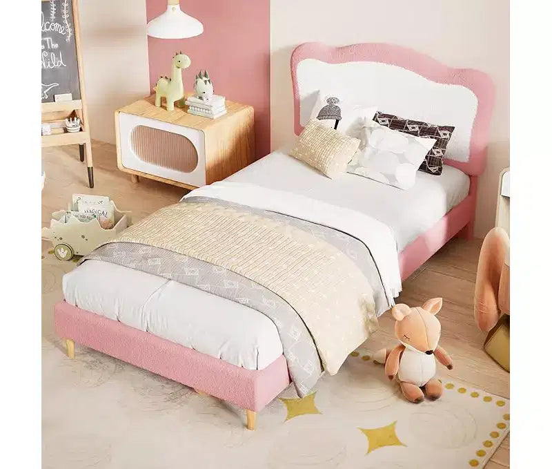 Half-Circle Color-Block Children's Bed Frame, Cute Lamb Plush Bed Suitable for Girls and Boys, Platform Bed with No Bed Box, Wooden Bed Slats