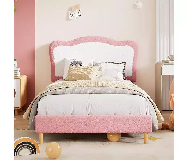 Half-Circle Color-Block Children's Bed Frame, Cute Lamb Plush Bed Suitable for Girls and Boys, Platform Bed with No Bed Box, Wooden Bed Slats