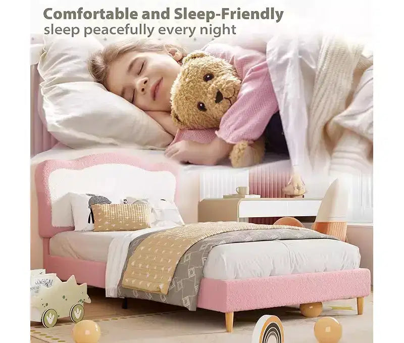 Half-Circle Color-Block Children's Bed Frame, Cute Lamb Plush Bed Suitable for Girls and Boys, Platform Bed with No Bed Box, Wooden Bed Slats