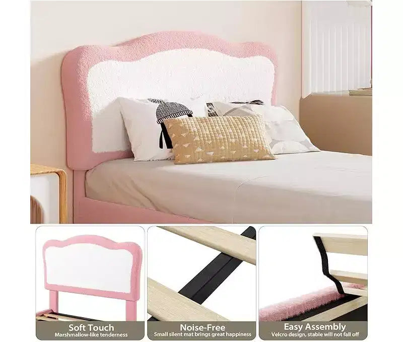 Half-Circle Color-Block Children's Bed Frame, Cute Lamb Plush Bed Suitable for Girls and Boys, Platform Bed with No Bed Box, Wooden Bed Slats