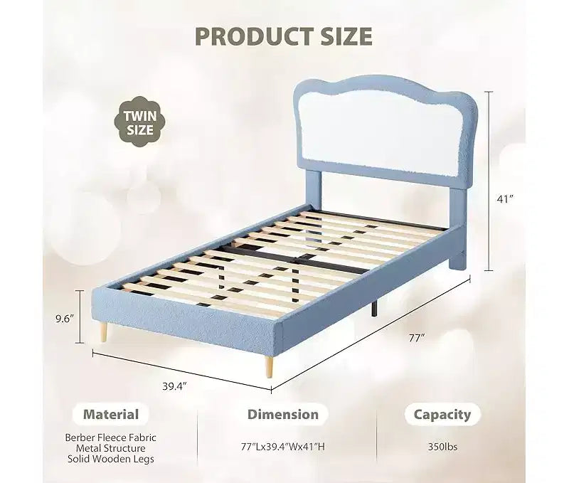 Half-Circle Color-Block Children's Bed Frame, Cute Lamb Plush Bed Suitable for Girls and Boys, Platform Bed with No Bed Box, Wooden Bed Slats