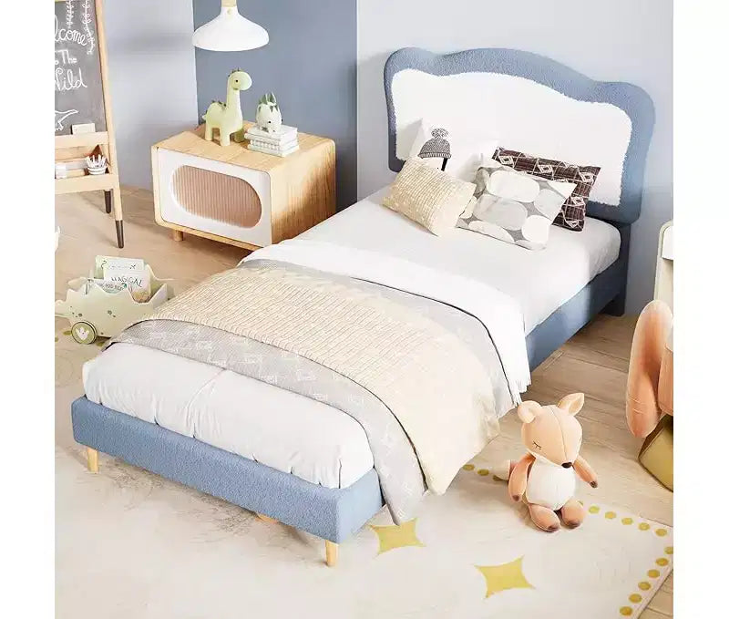Half-Circle Color-Block Children's Bed Frame, Cute Lamb Plush Bed Suitable for Girls and Boys, Platform Bed with No Bed Box, Wooden Bed Slats