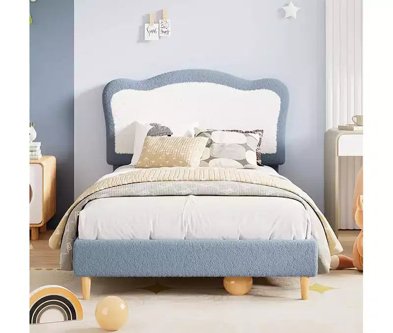 Half-Circle Color-Block Children's Bed Frame, Cute Lamb Plush Bed Suitable for Girls and Boys, Platform Bed with No Bed Box, Wooden Bed Slats