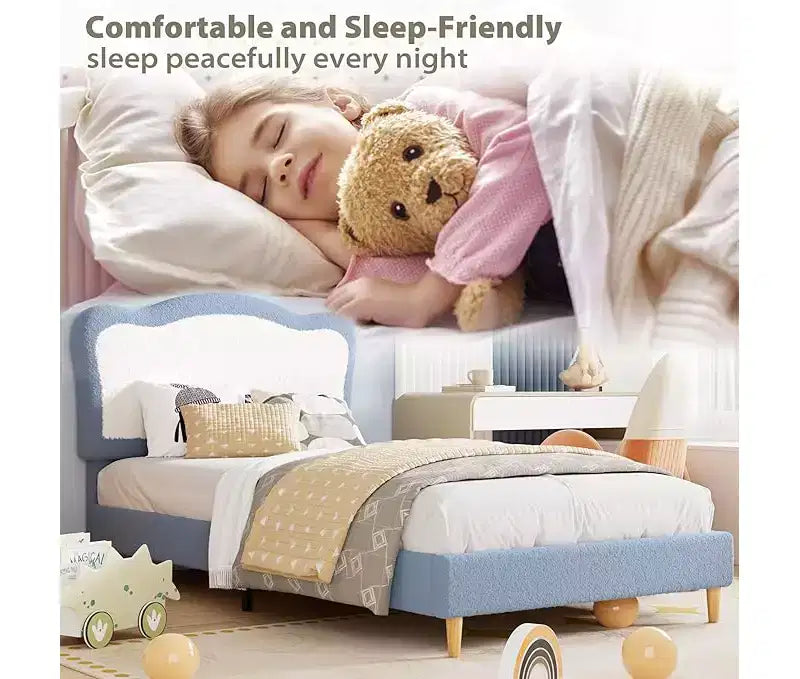 Half-Circle Color-Block Children's Bed Frame, Cute Lamb Plush Bed Suitable for Girls and Boys, Platform Bed with No Bed Box, Wooden Bed Slats