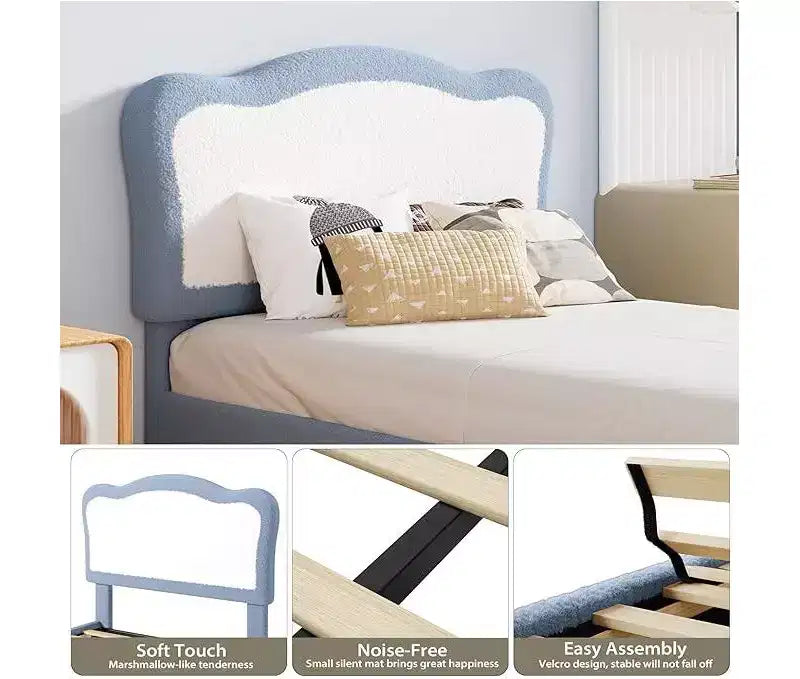 Half-Circle Color-Block Children's Bed Frame, Cute Lamb Plush Bed Suitable for Girls and Boys, Platform Bed with No Bed Box, Wooden Bed Slats