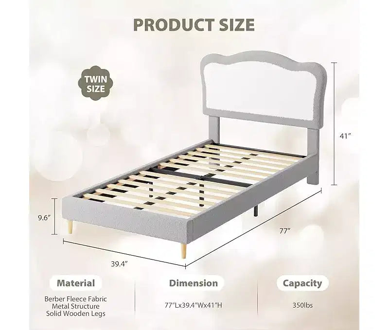 Half-Circle Color-Block Children's Bed Frame, Cute Lamb Plush Bed Suitable for Girls and Boys, Platform Bed with No Bed Box, Wooden Bed Slats