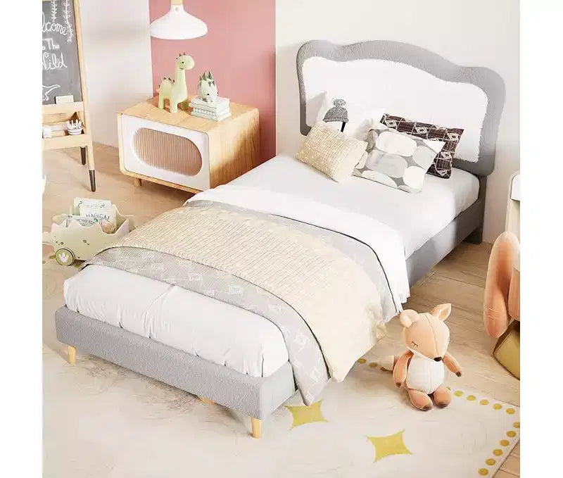 Half-Circle Color-Block Children's Bed Frame, Cute Lamb Plush Bed Suitable for Girls and Boys, Platform Bed with No Bed Box, Wooden Bed Slats