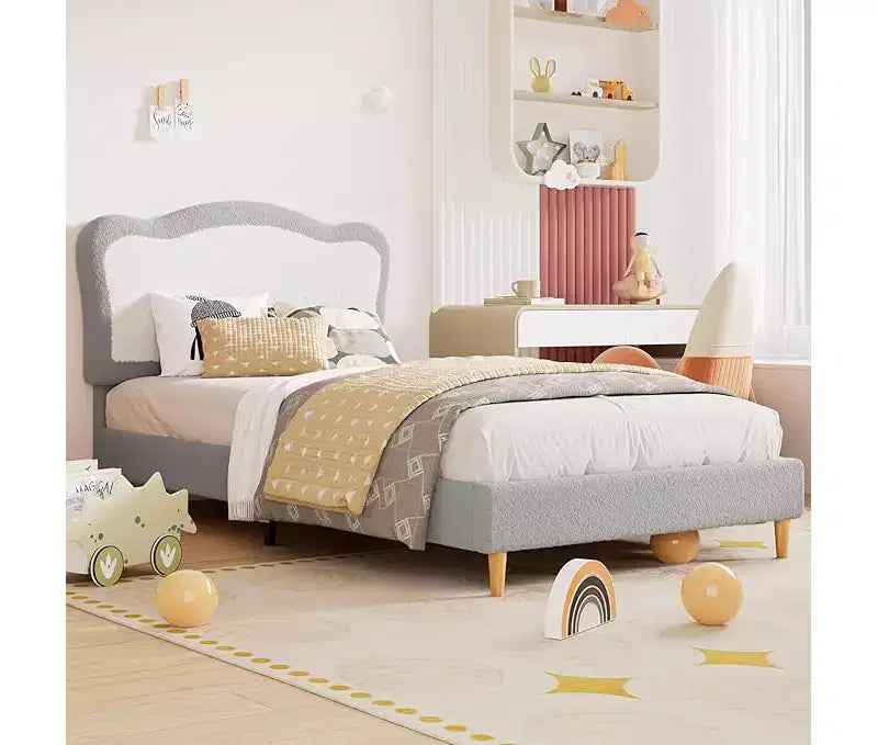 Half-Circle Color-Block Children's Bed Frame, Cute Lamb Plush Bed Suitable for Girls and Boys, Platform Bed with No Bed Box, Wooden Bed Slats