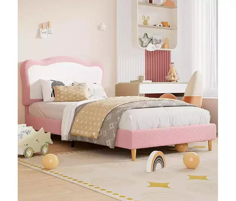 Half-Circle Color-Block Children's Bed Frame, Cute Lamb Plush Bed Suitable for Girls and Boys, Platform Bed with No Bed Box, Wooden Bed Slats