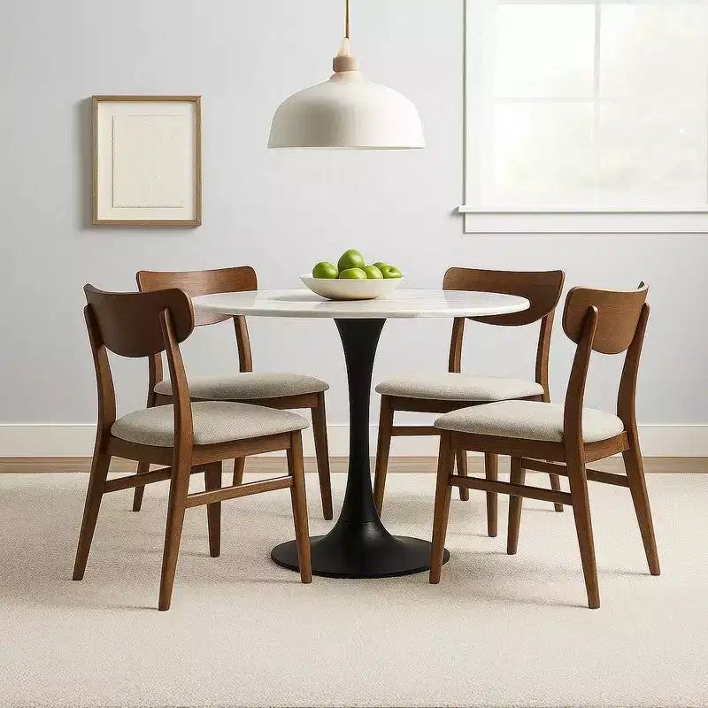 Royal Hampton Dining Table | 30 Inch Round White Genuine Marble Top | Black Metal Tulip Pedestal Base