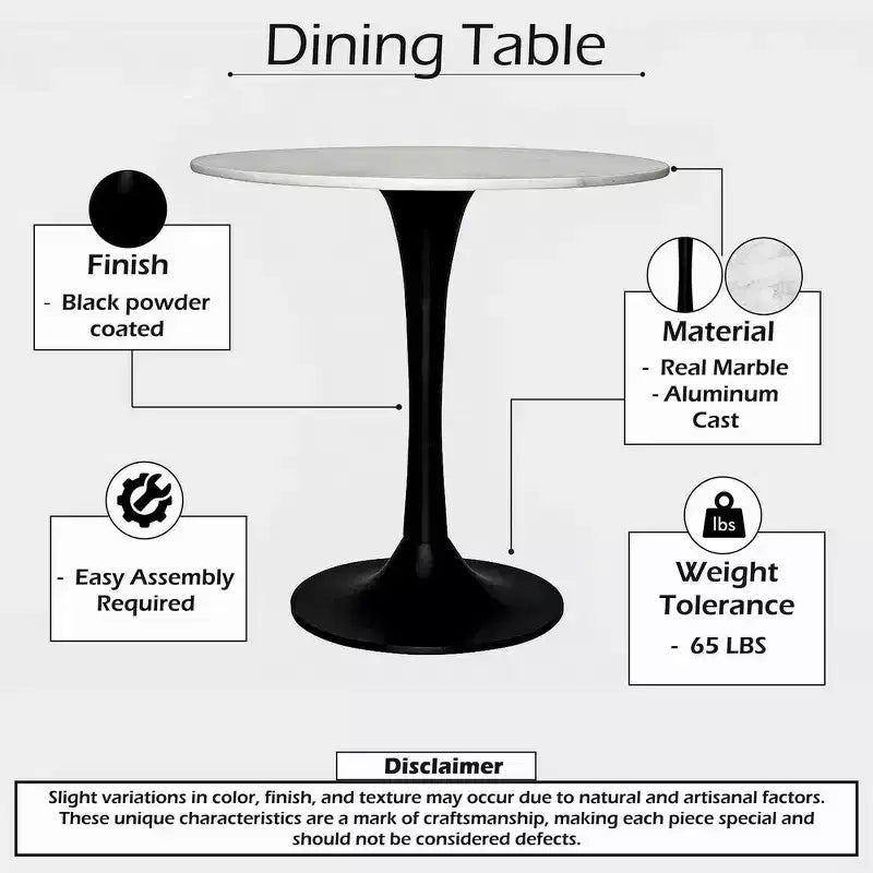 Royal Hampton Dining Table | 30 Inch Round White Genuine Marble Top | Black Metal Tulip Pedestal Base