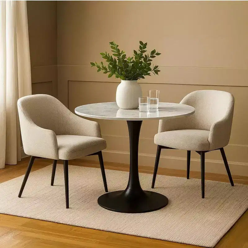 Royal Hampton Dining Table | 30 Inch Round White Genuine Marble Top | Black Metal Tulip Pedestal Base